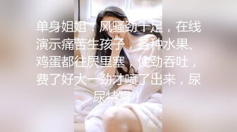 单身姐姐：风骚劲十足，在线演示痛苦生孩子，各种水果、鸡蛋都往屄里塞，使劲吞吐，费了好大一劲才喷了出来，尿尿特写！